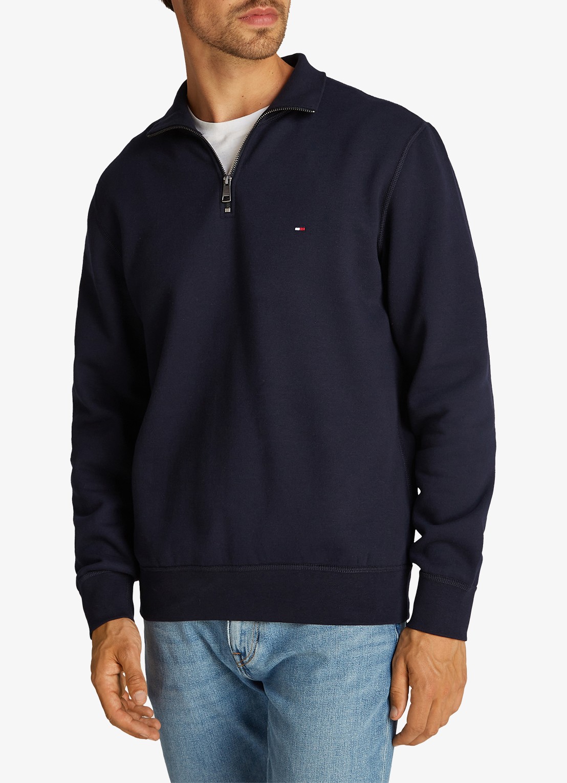 Tommy Hilfiger Sweater met halve rits en logoborduring - detail donkerblauw
