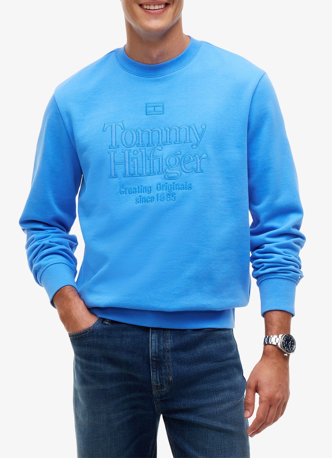 Tommy Hilfiger Sweater met logo - detail middenblauw
