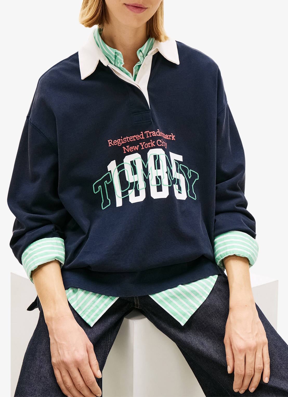 Tommy Hilfiger Sweater met logoprint - detail 2 donkerblauw