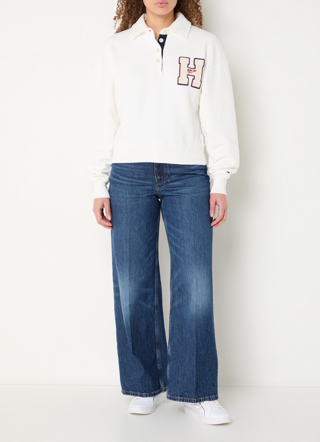 Tommy Hilfiger Sweater met polokraag en logo - voorkant 3 gebroken wit