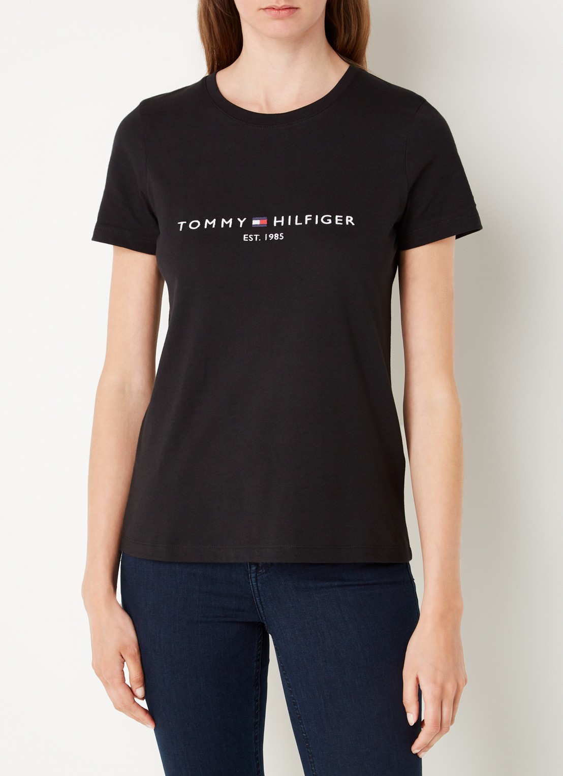 Tommy Hilfiger T-shirt met logoborduring en ronde hals - detail 4 zwart