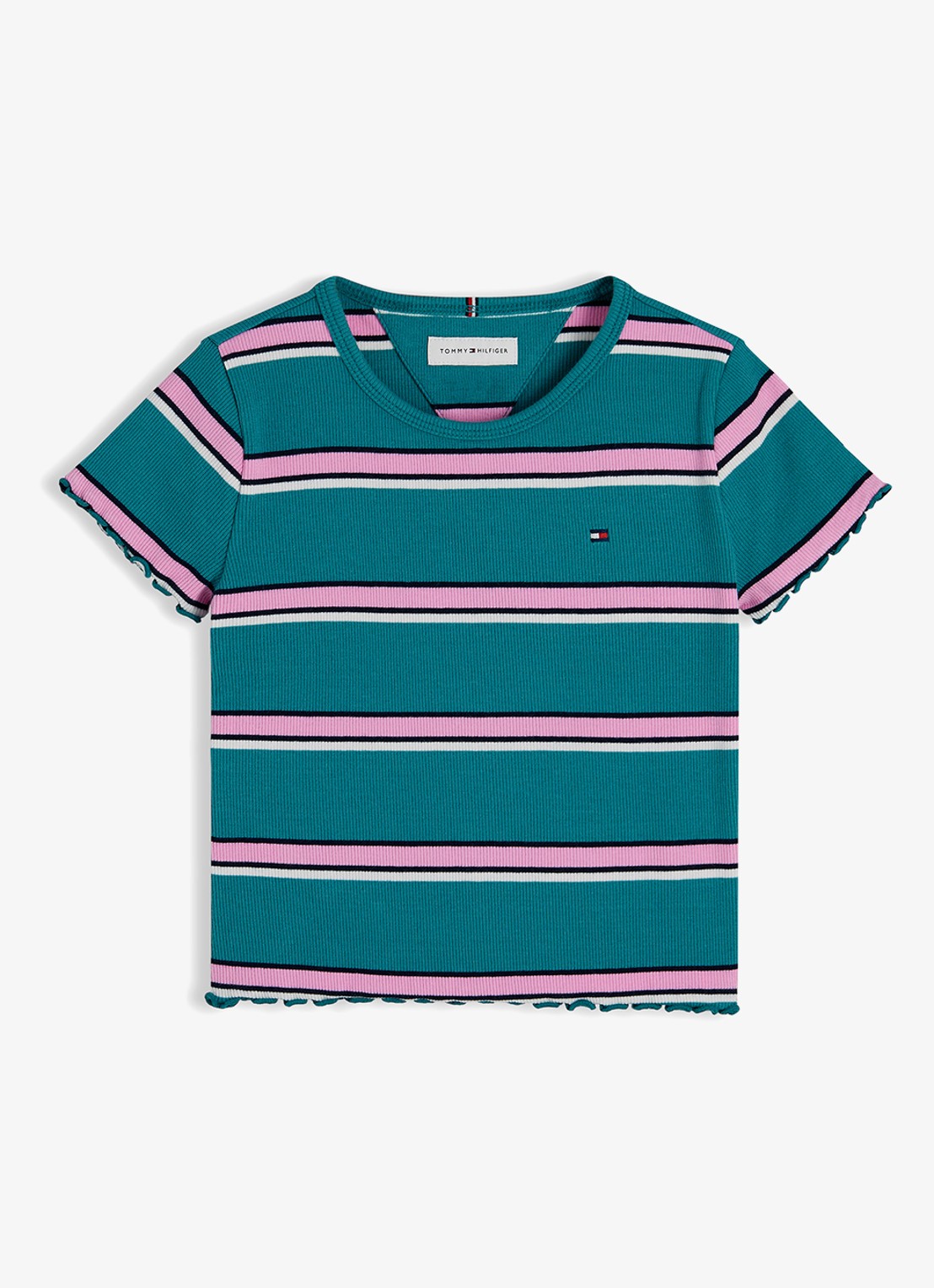 Tommy Hilfiger T-shirt met ribstructuur en logo - voorkant turquoise