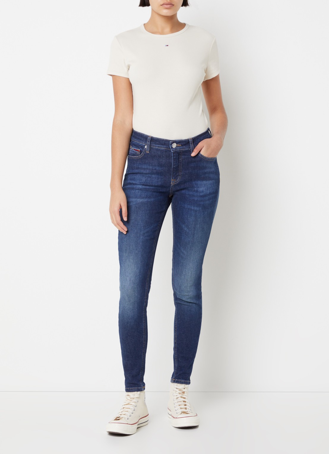Tommy Hilfiger T-shirt met ribstructuur en logoborduring - voorkant 3 creme