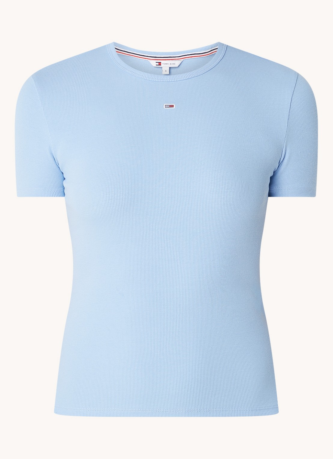 Tommy Hilfiger T-shirt met ribstructuur en logoborduring - voorkant lichtblauw