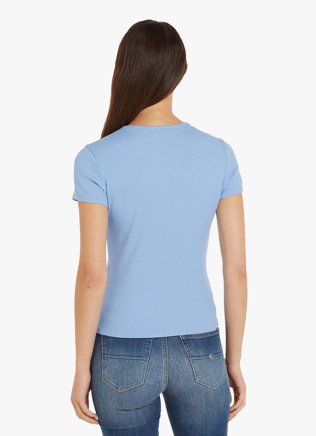 Tommy Hilfiger T-shirt met ribstructuur en logoborduring - achterkant 5 staalblauw
