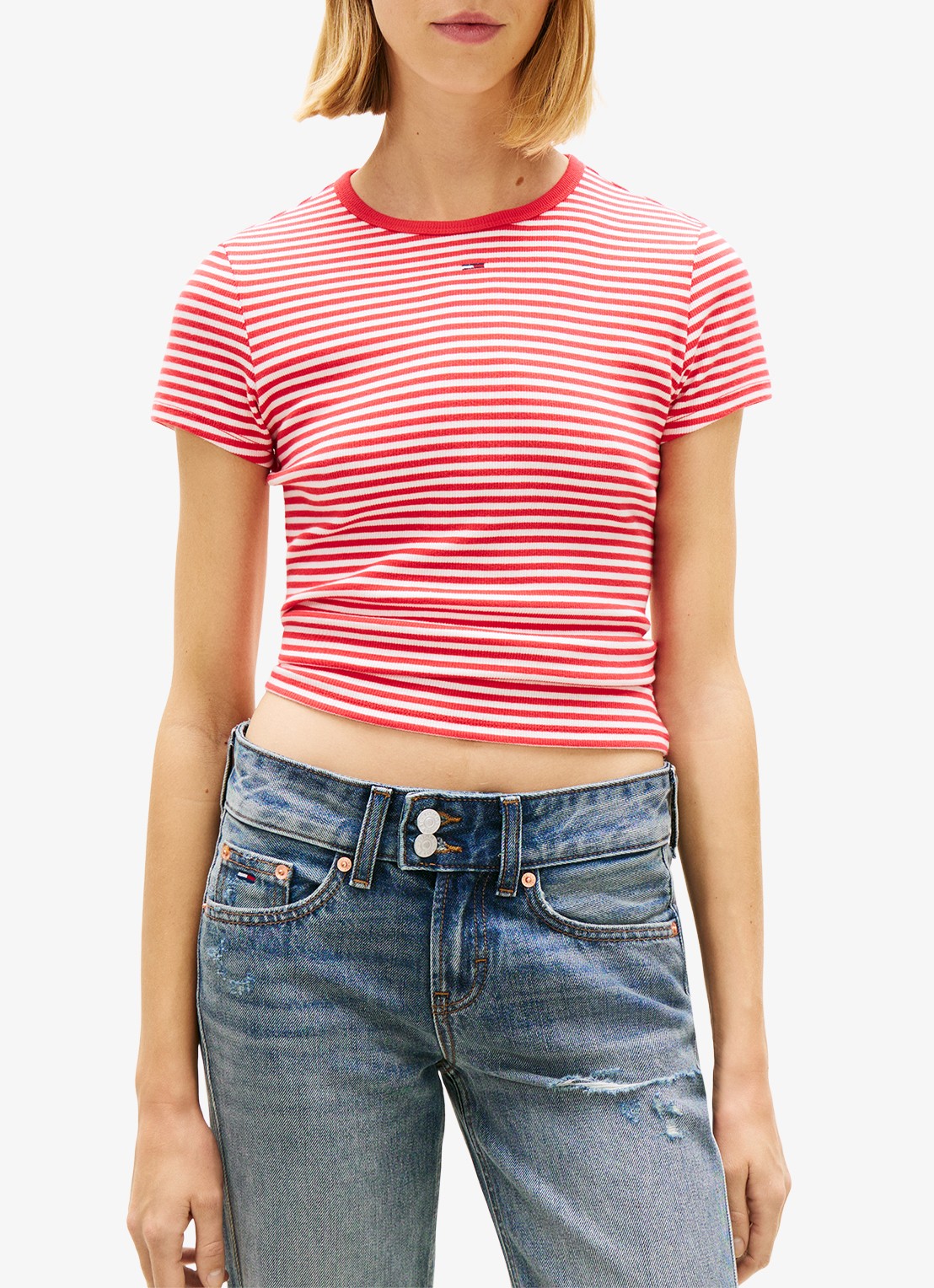 Tommy Hilfiger T-shirt met ribstructuur en logoborduring - detail rood
