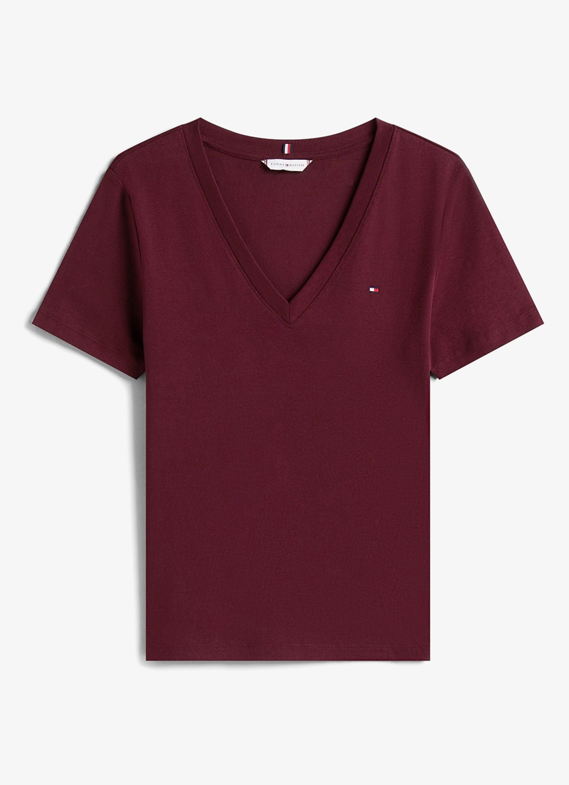 Tommy Hilfiger T-shirt met V-hals - voorkant bordeauxrood