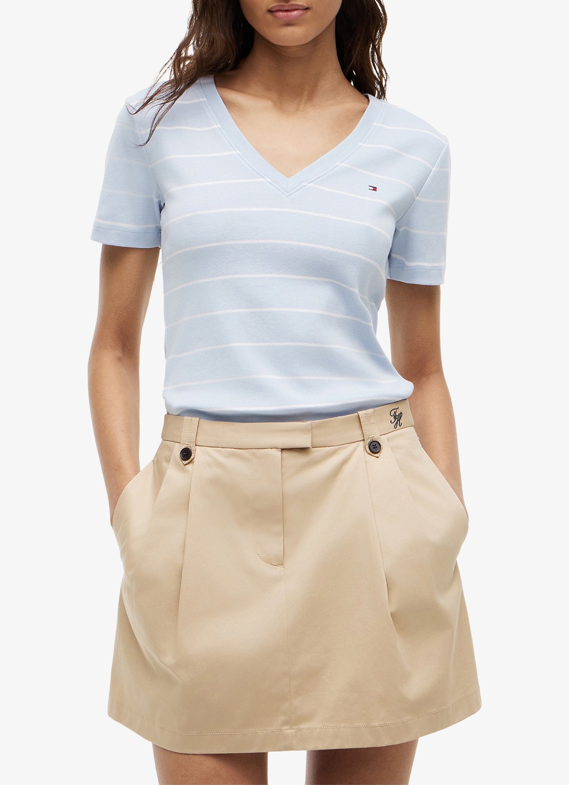 Tommy Hilfiger T-shirt met V-hals - detail 4 fine stp breezy blue / ecru-0ff / lichtblauw