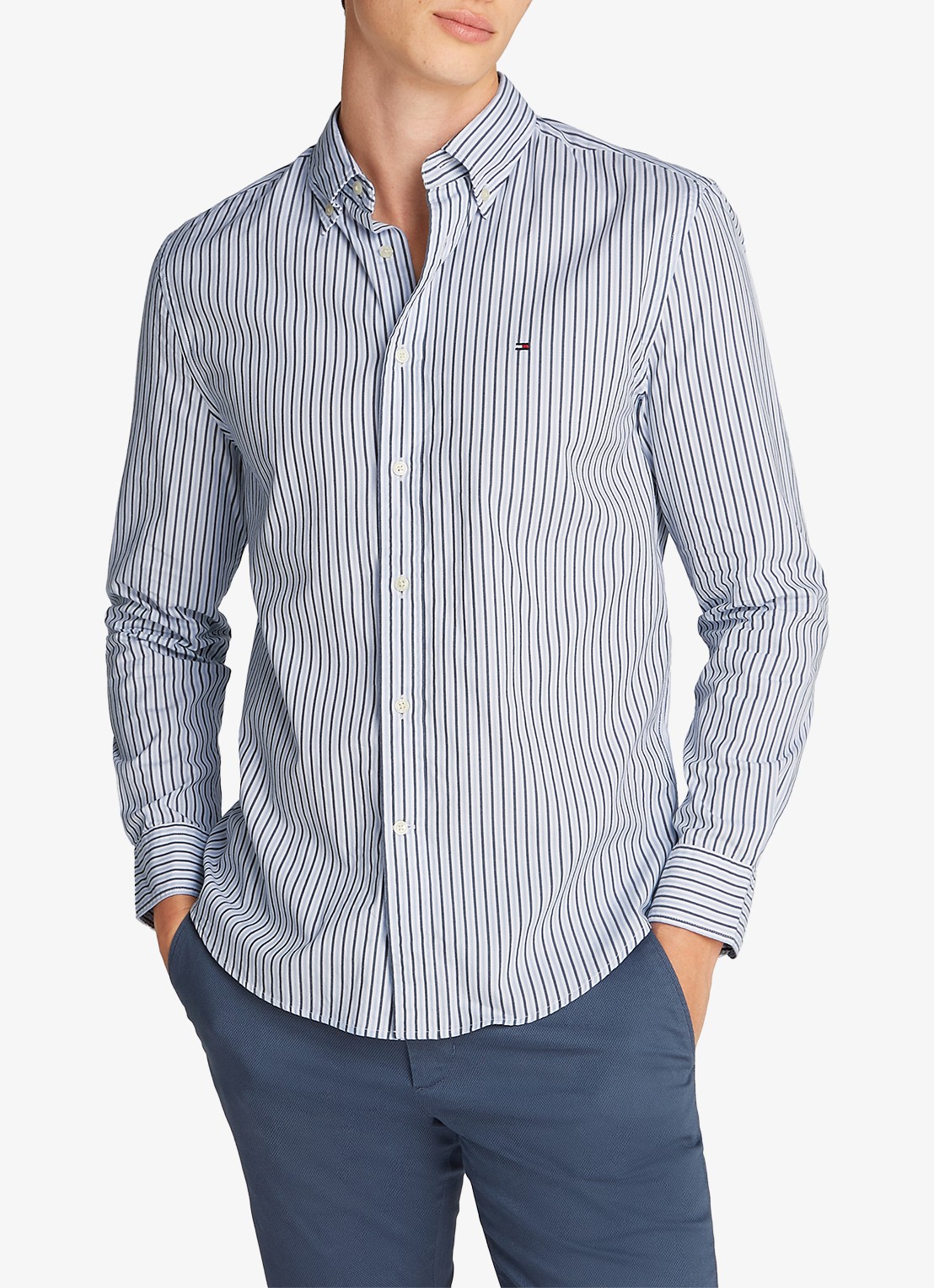 Tommy Hilfiger TH Flex regular fit overhemd met streepprint - detail lichtblauw