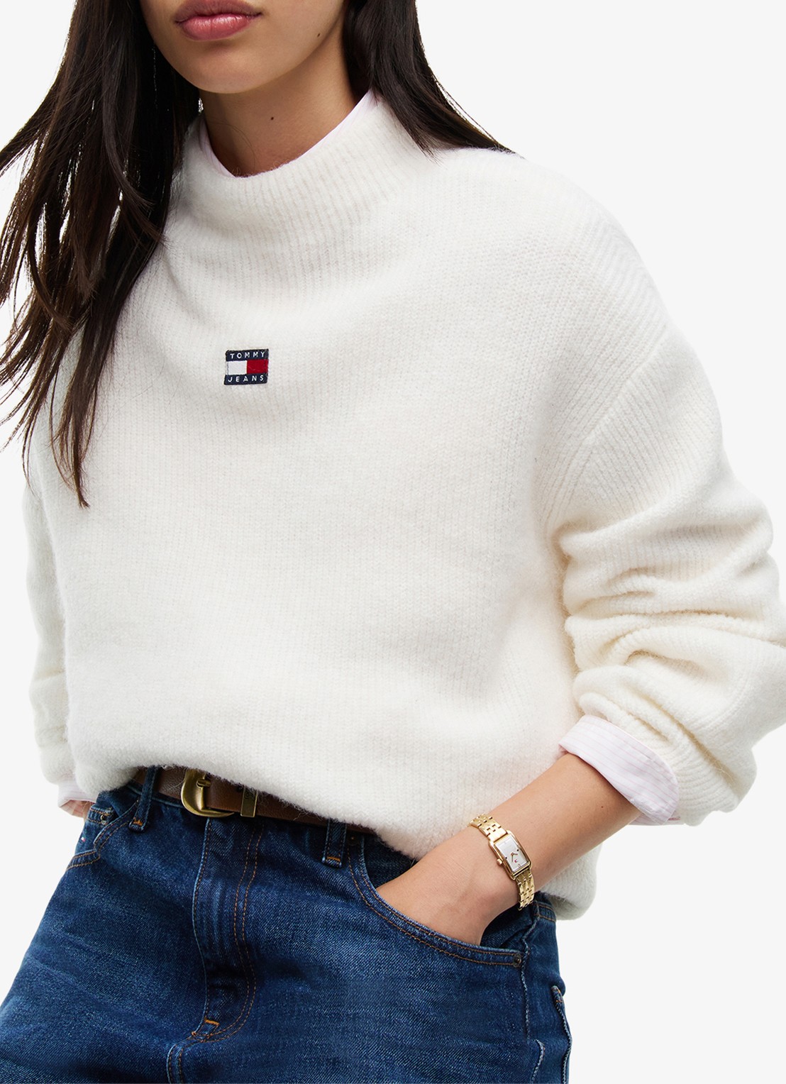 Tommy Hilfiger Tommy Badge ribgebreide trui in alpaca wolblend met logo  - detail 5 gebroken wit