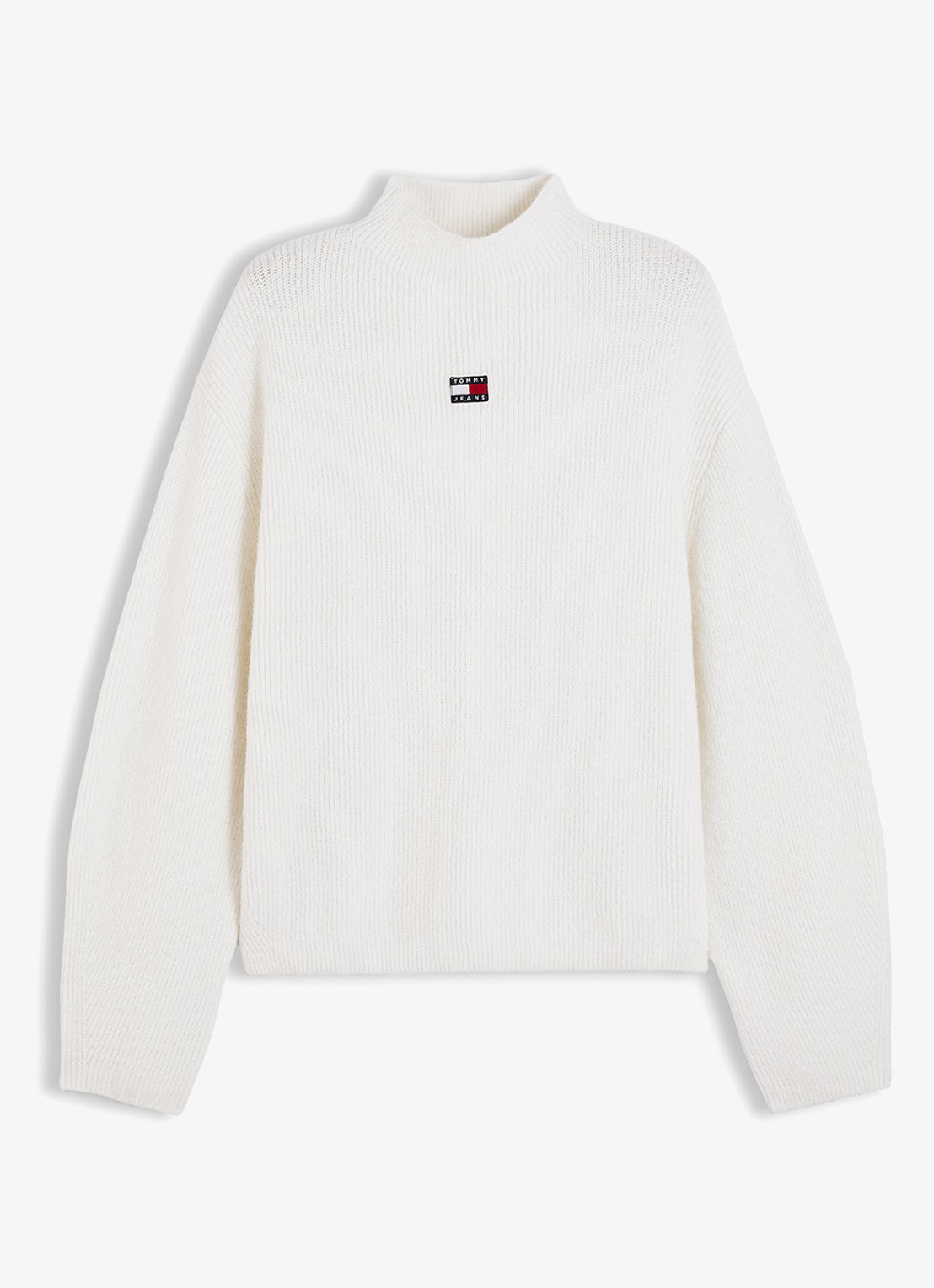 Tommy Hilfiger Tommy Badge ribgebreide trui in alpaca wolblend met logo  - voorkant gebroken wit