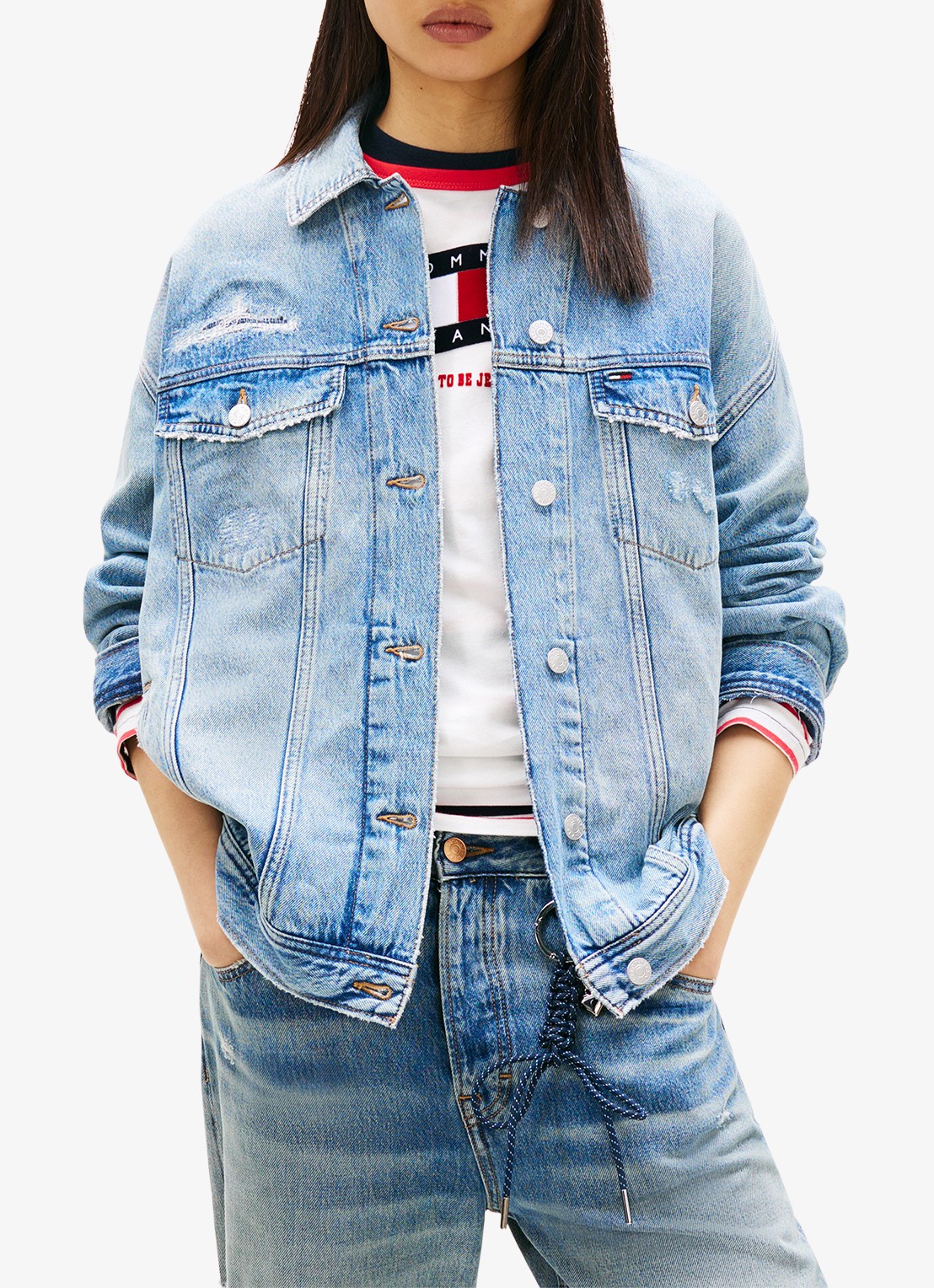 Tommy Hilfiger Trucker spijkerjas met steekzakken - detail lichtblauw