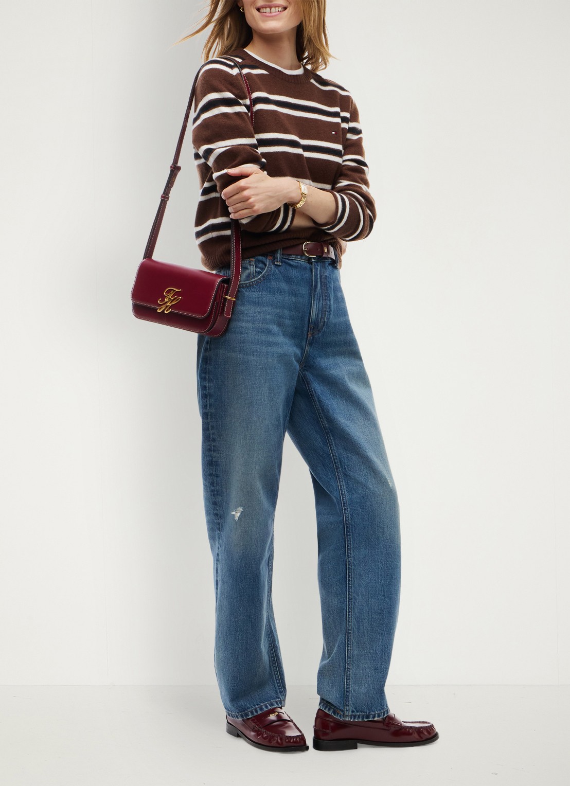 Tommy Hilfiger Trui van wol met streepdessin  - voorkant 5 bruin