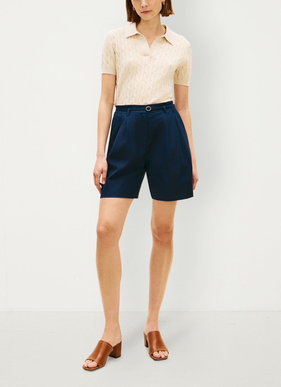 Tommy Hilfiger Wide leg korte broek van linnen met steekzakken - voorkant 2 donkerblauw