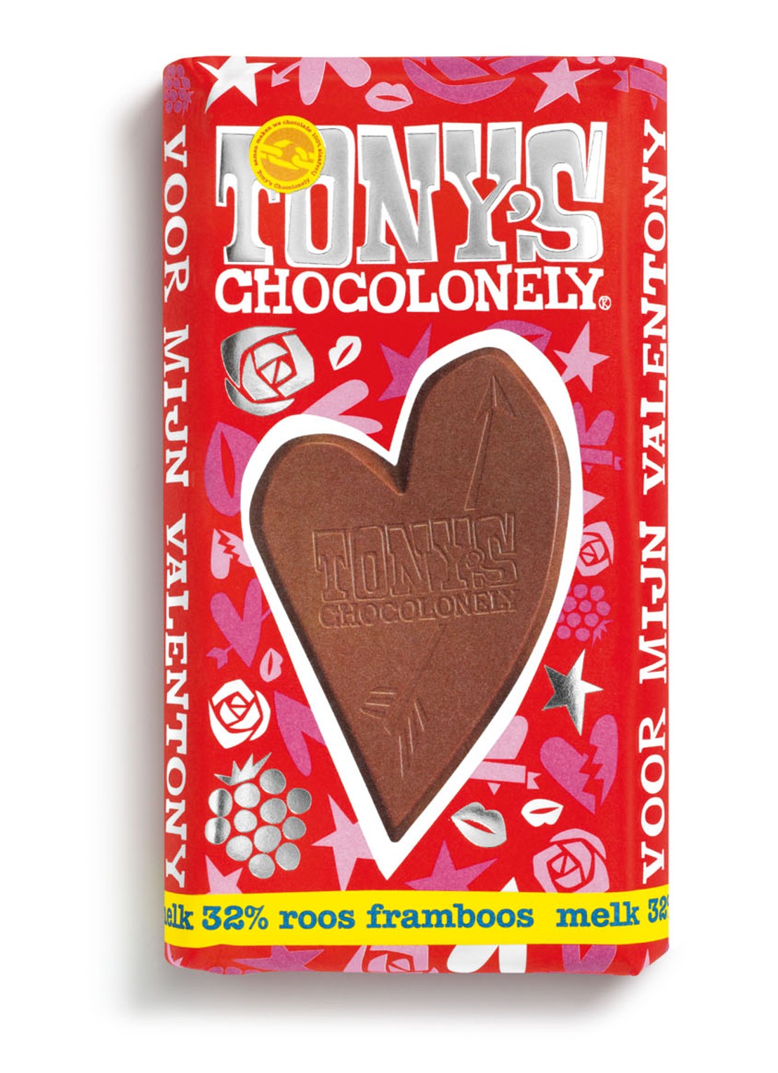 Tony's Chocolonely Valentony Melk Roos Framboos chocoladereep 180 gram - voorkant undefined