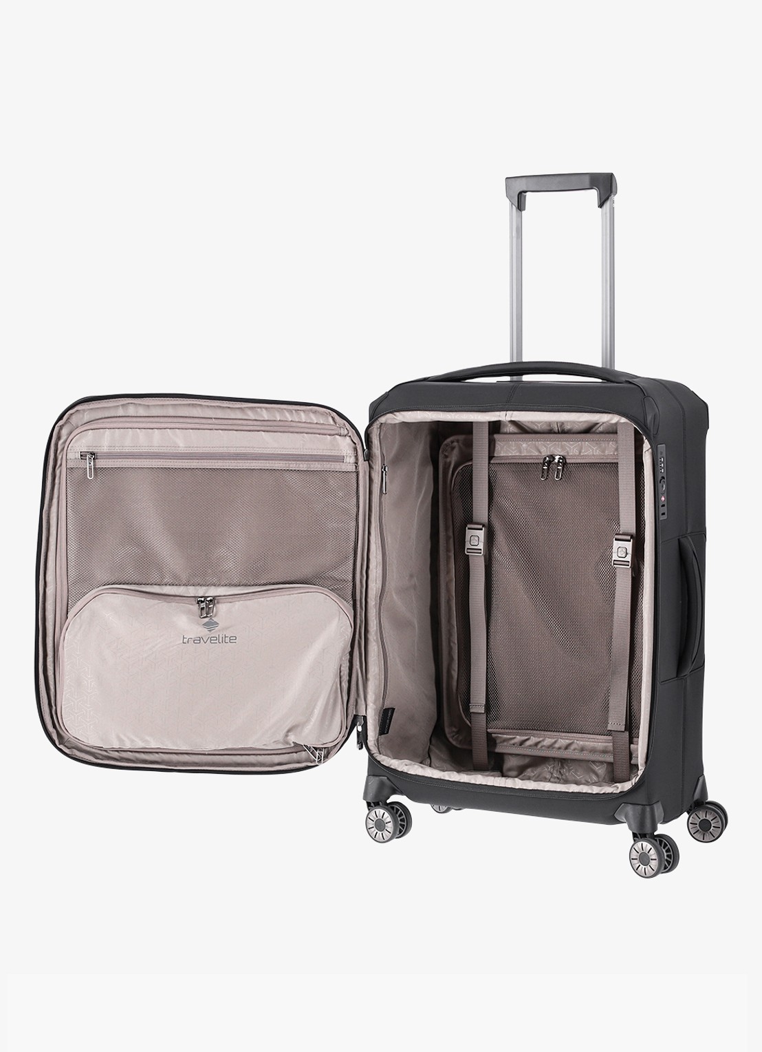 Travelite Priima vergrootbare spinner M 68 cm - voorkant 3 zwart