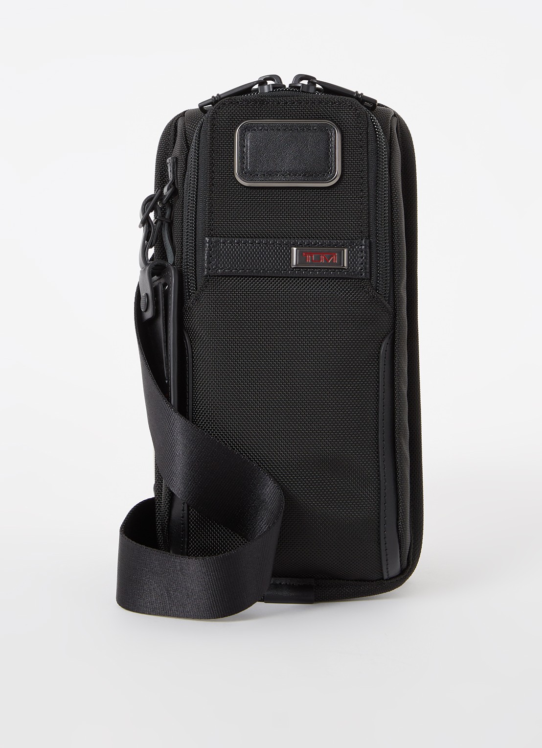 TUMI Alpha 3 Compact Sling crossbodytas met leren details - voorkant 2 zwart