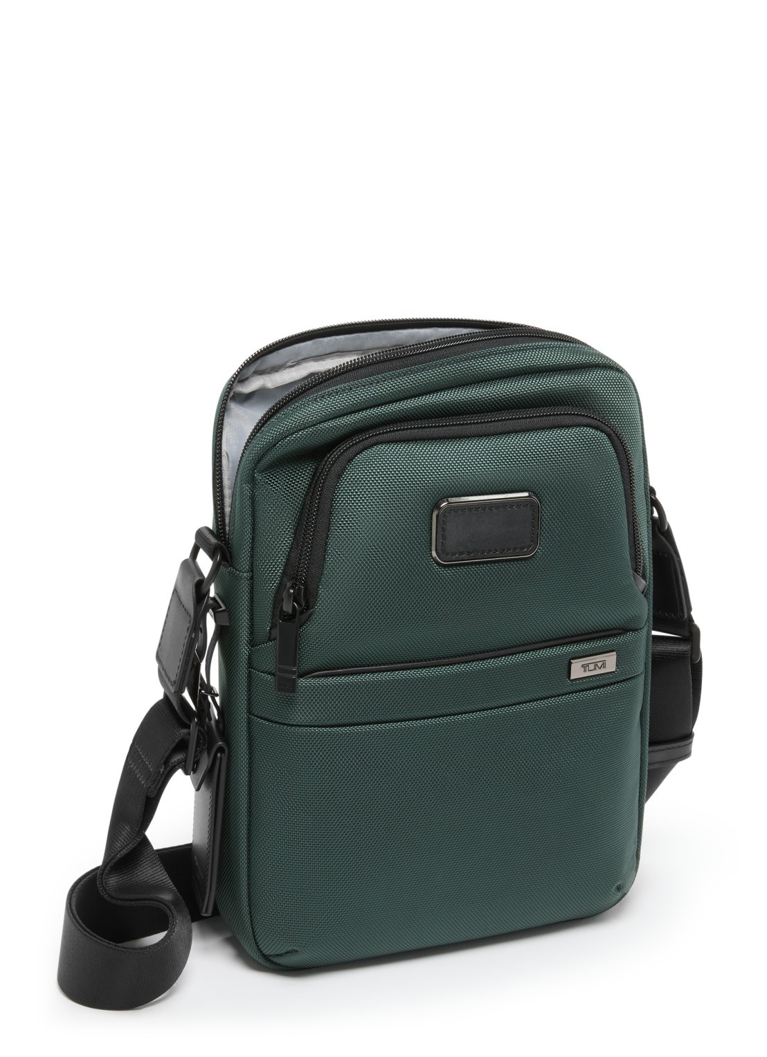 TUMI Crossbodytas met leren details - voorkant 4 donkergroen
