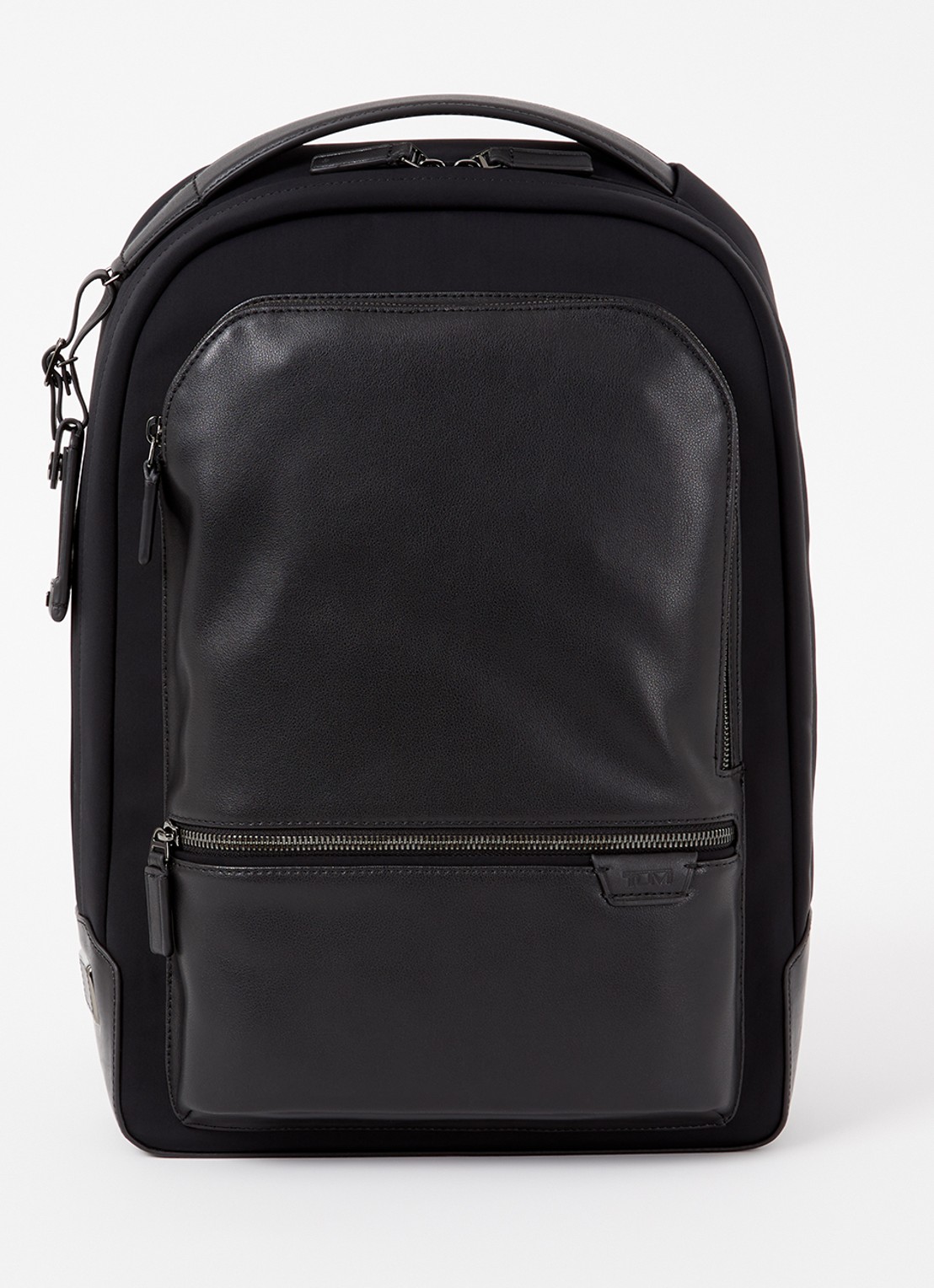 TUMI Harrison Bradner rugzak met leren details en 14 inch laptopvak - voorkant zwart