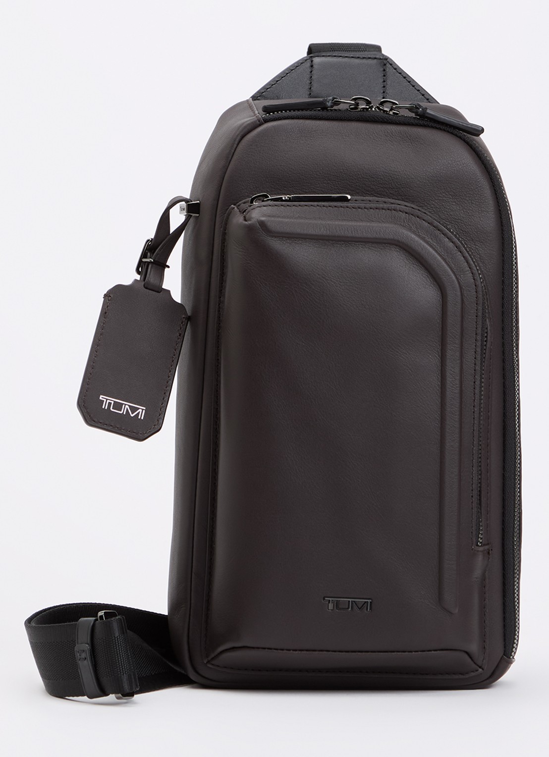 TUMI Harrison Gregory Sling crossbodytas van leer - voorkant donkerbruin