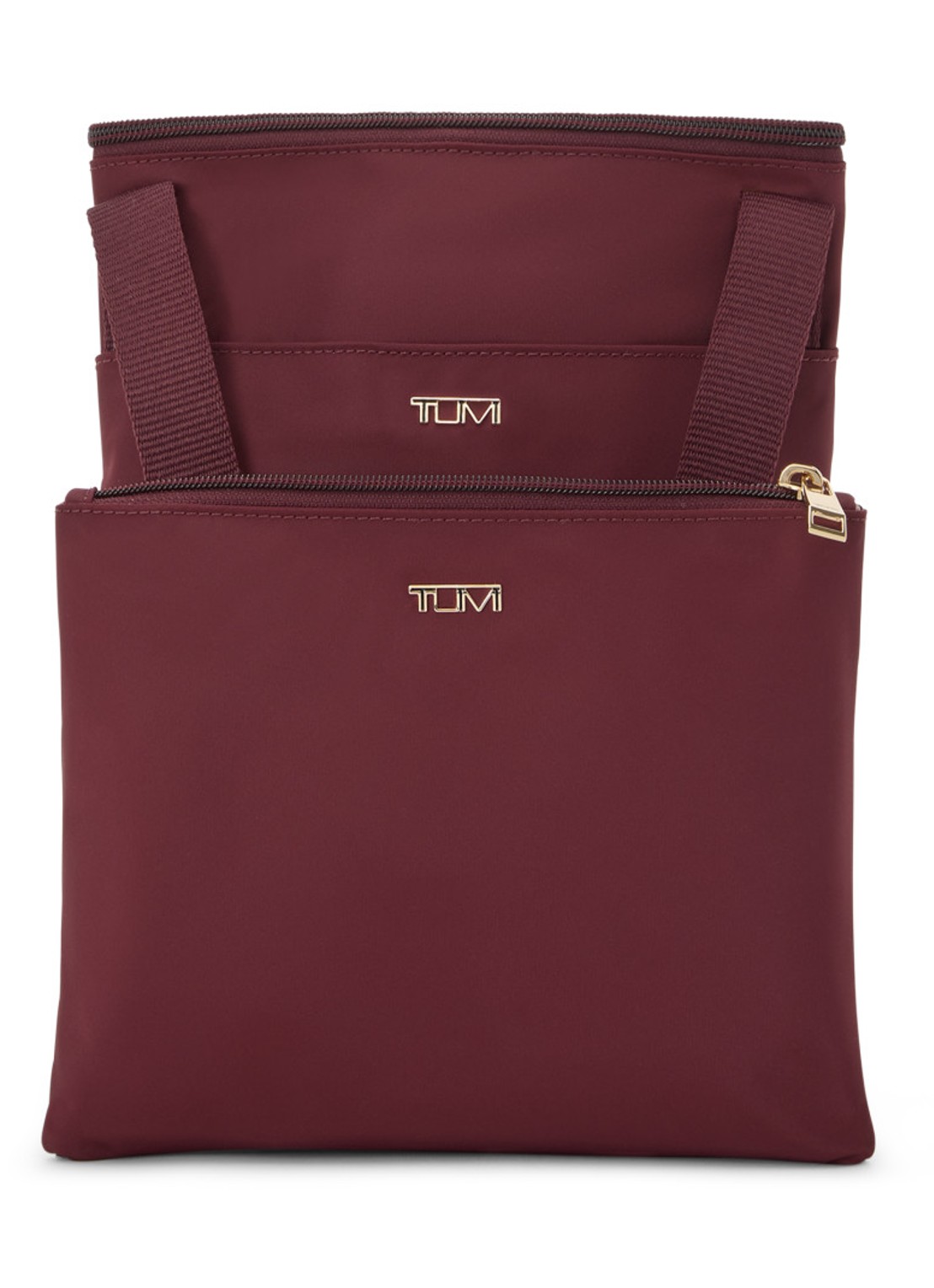 TUMI Just In Case Medium schoudertas met uitneembaar etui - detail bordeauxrood