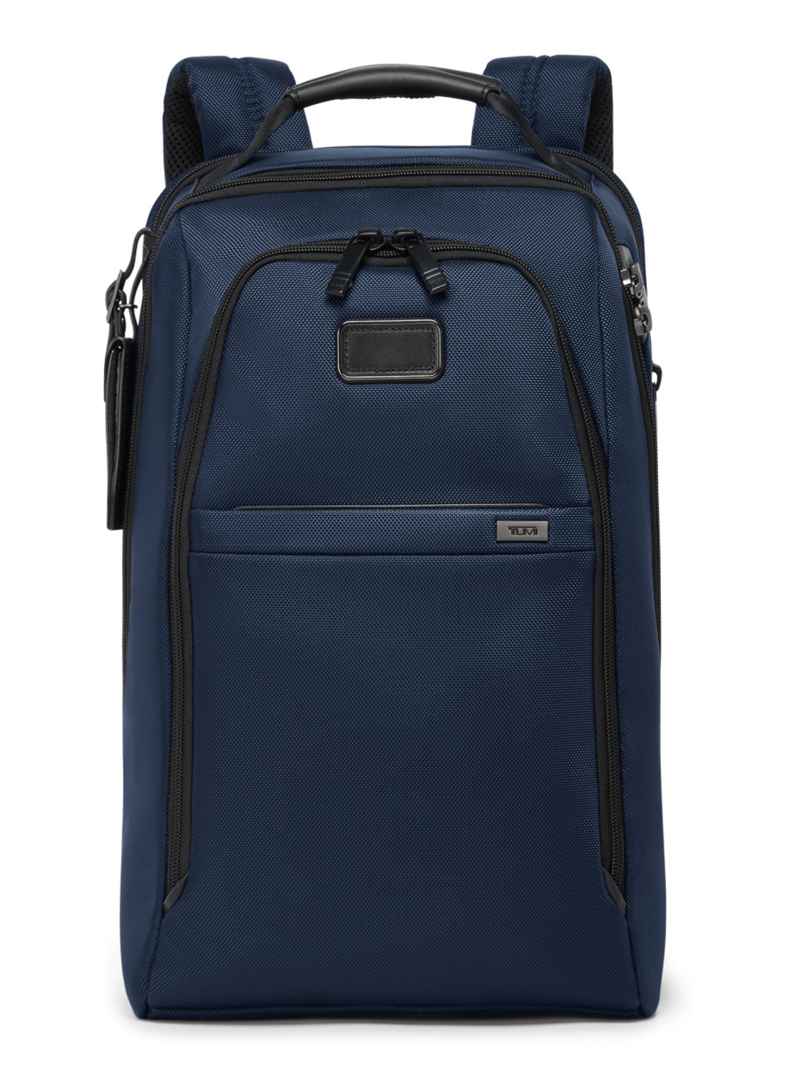 TUMI Rugzak met leren details en 16 inch laptopvak - voorkant 2 donkerblauw