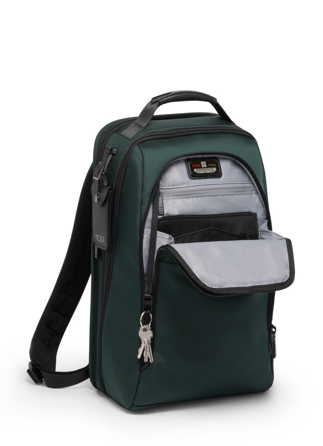 TUMI Rugzak met leren details en 16 inch laptopvak - achterkant 4 donkergroen