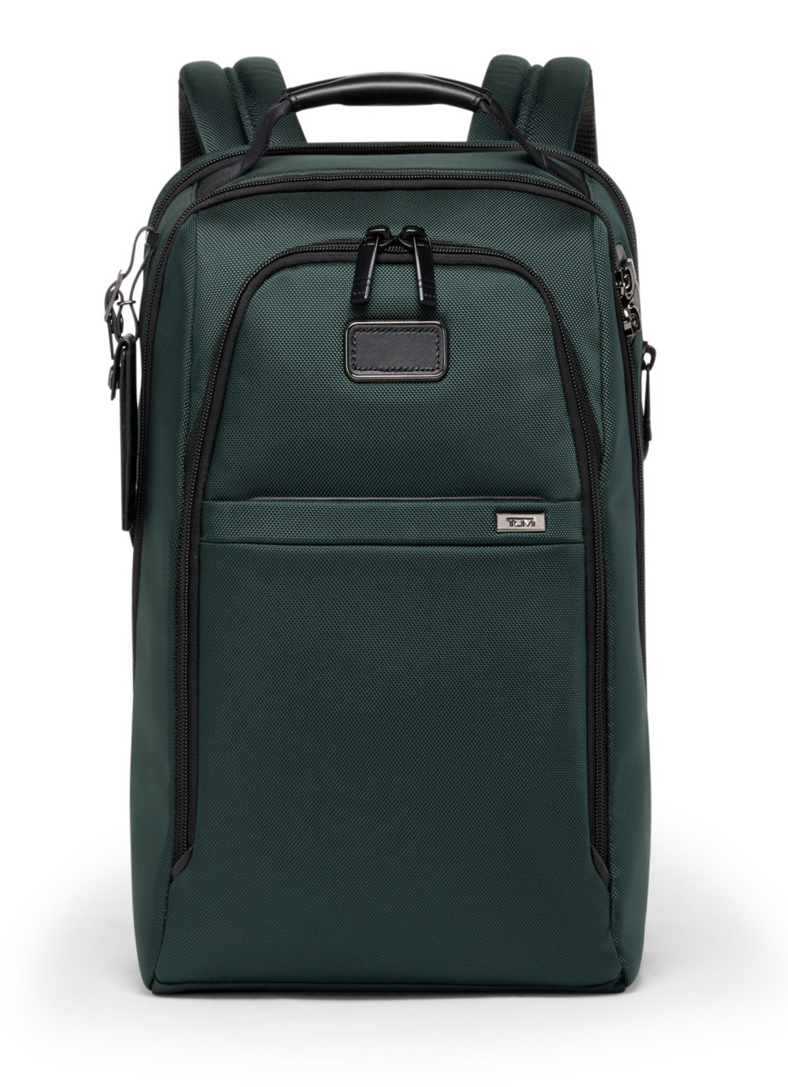 TUMI Rugzak met leren details en 16 inch laptopvak - voorkant 5 donkergroen