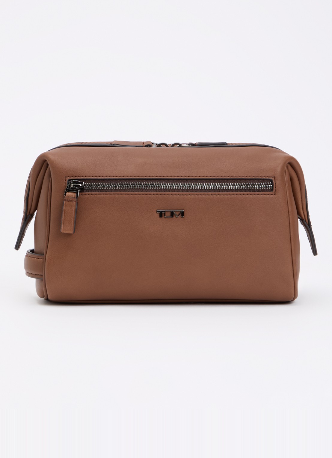 TUMI Toilettas van leer met logo - voorkant cognac