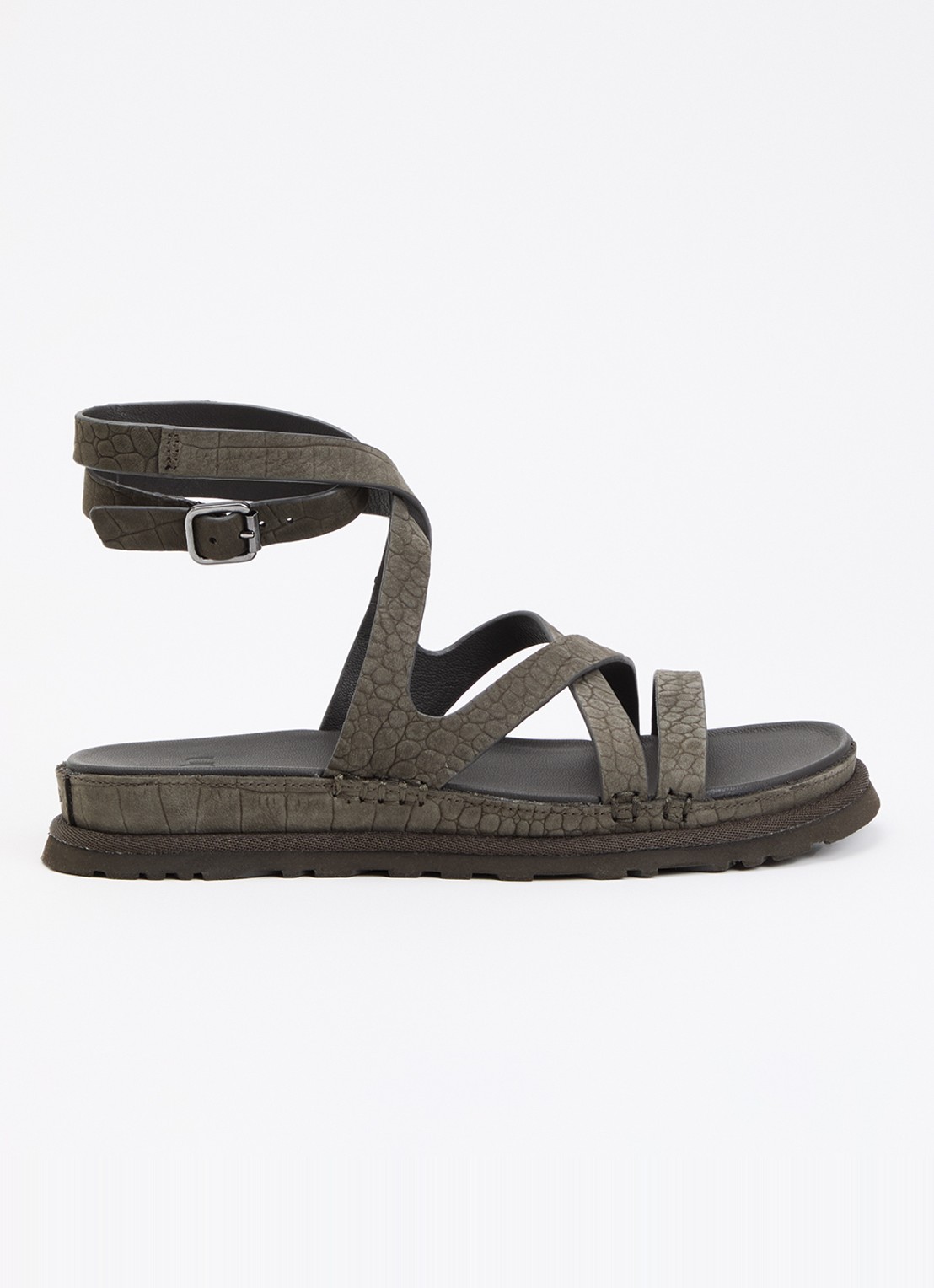 UGG GoldenGaze Embossed sandaal van leer met crocostructuur - voorkant olijfgroen