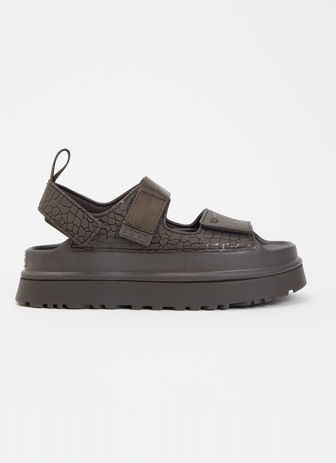 UGG GoldenGlow Embossed sandaal met plateauzool en crocostructuur - voorkant bronsgroen