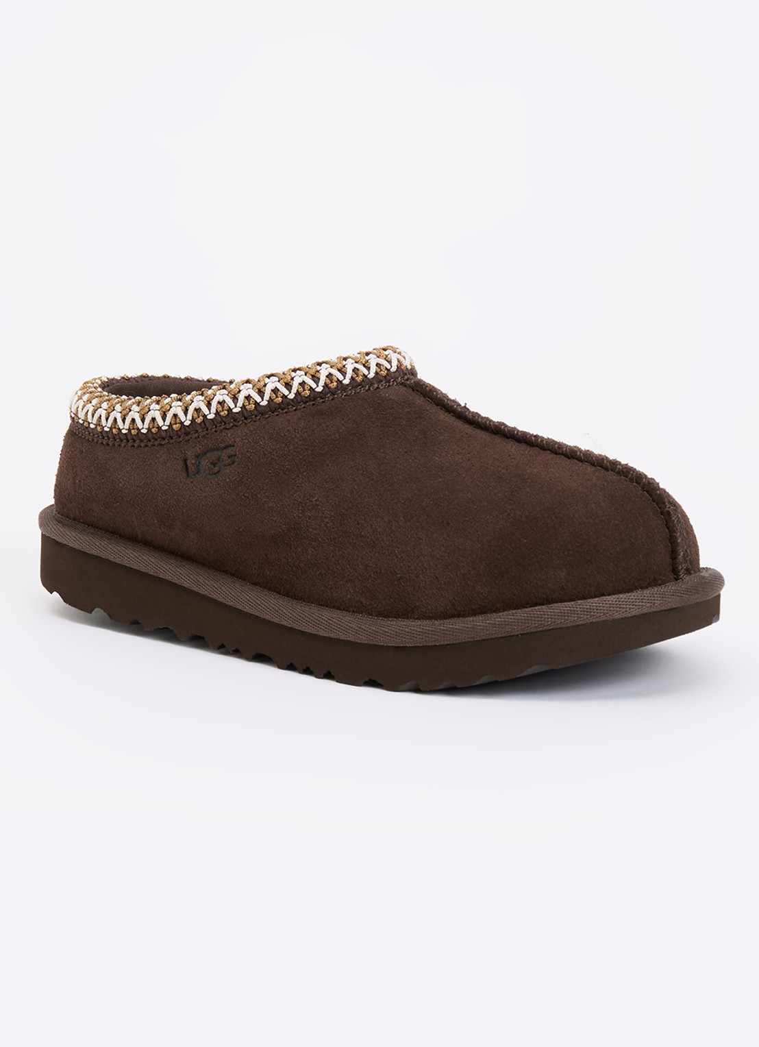 UGG Tasman instapper van suède met schapenwol - voorkant 3 donkerbruin