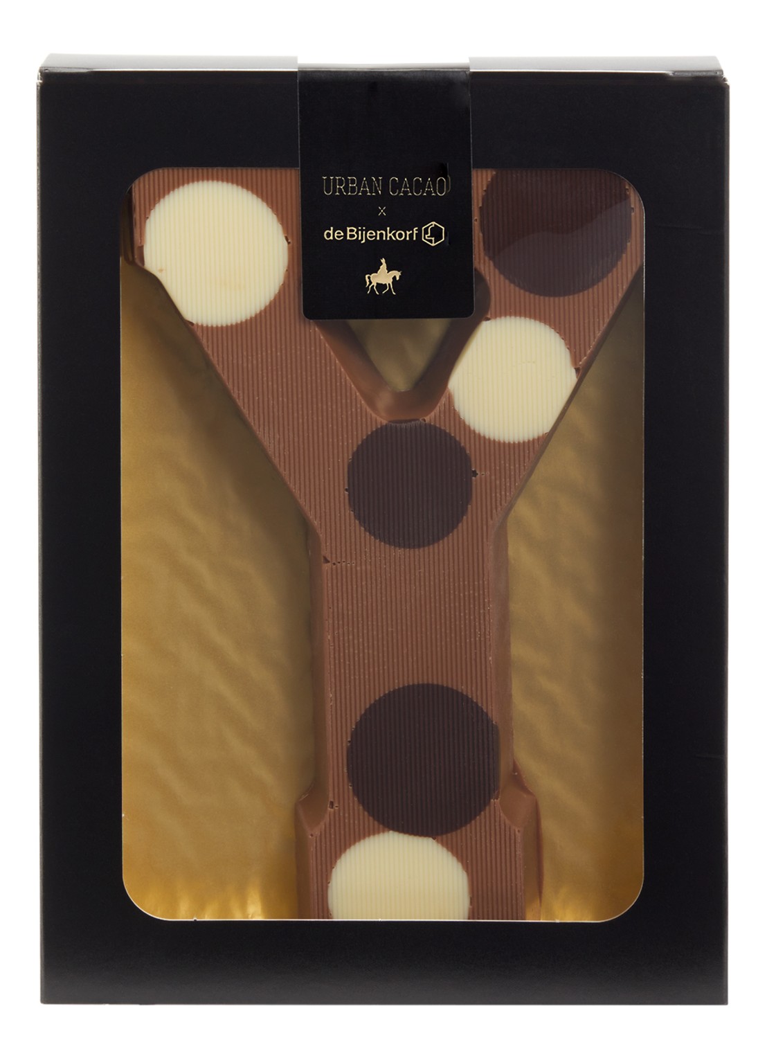 Urban Cacao Melk chocoladeletter gevlekt 200 gram - voorkant y