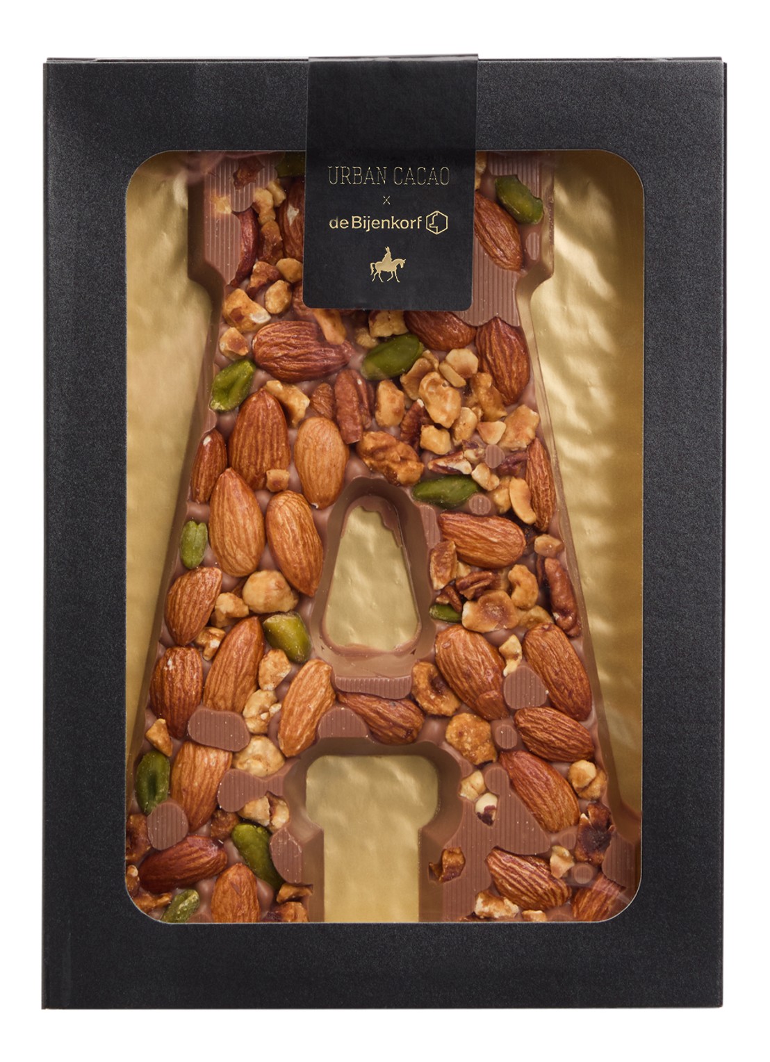 Urban Cacao Melk chocoladeletter met noten 180 gram - voorkant 2 a