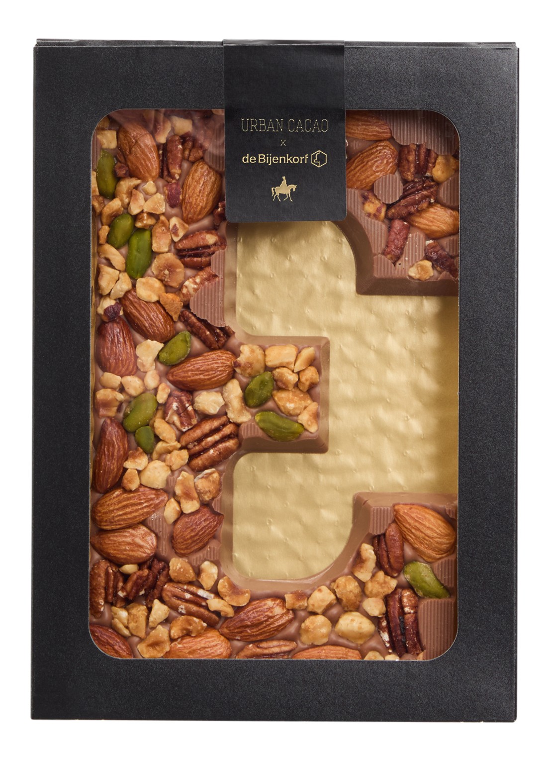 Urban Cacao Melk chocoladeletter met noten 180 gram - voorkant e