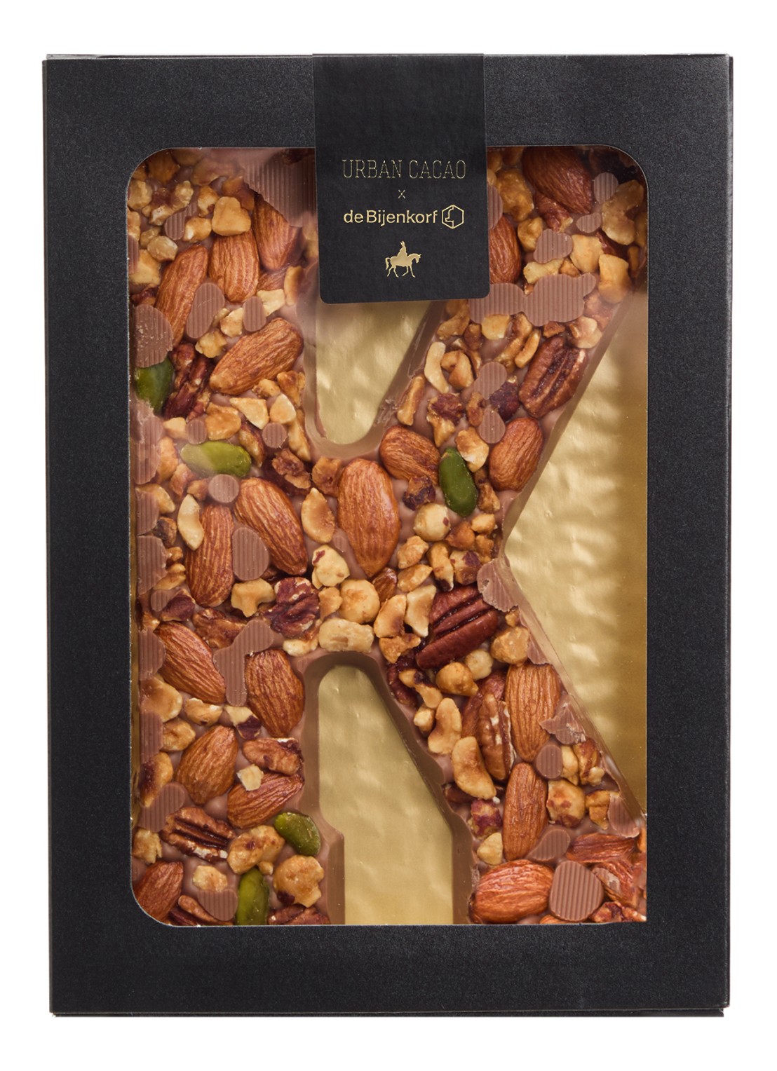 Urban Cacao Melk chocoladeletter met noten 180 gram - voorkant k