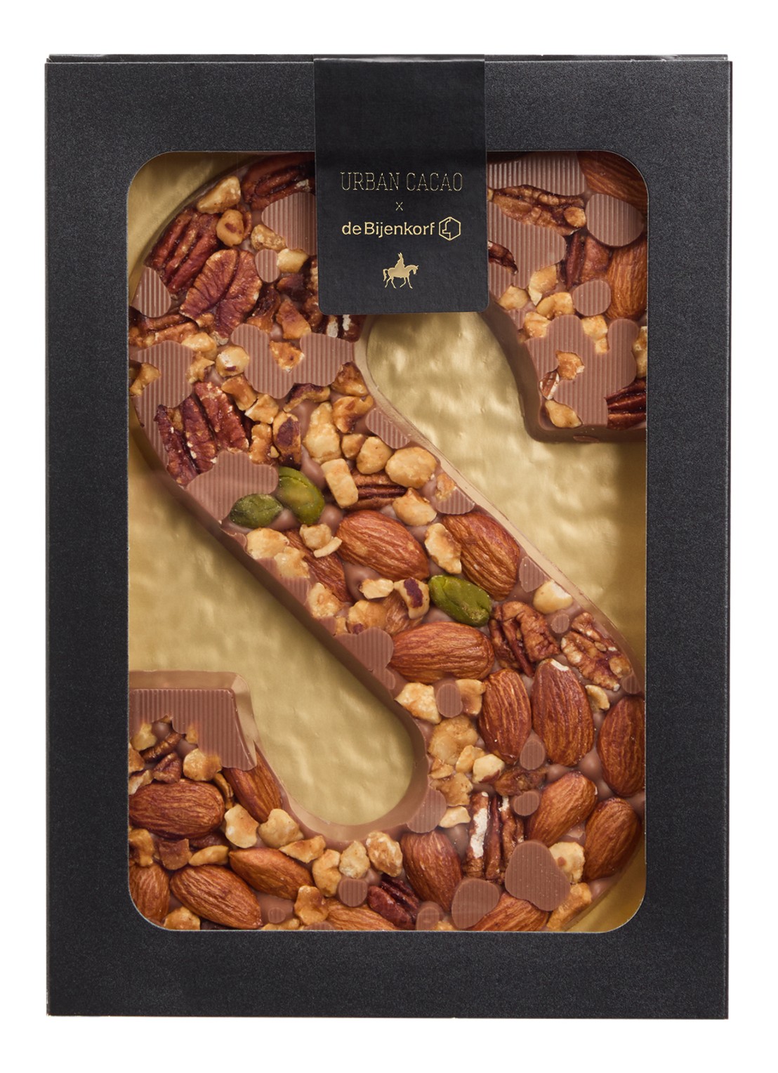 Urban Cacao Melk chocoladeletter met noten 180 gram - voorkant s