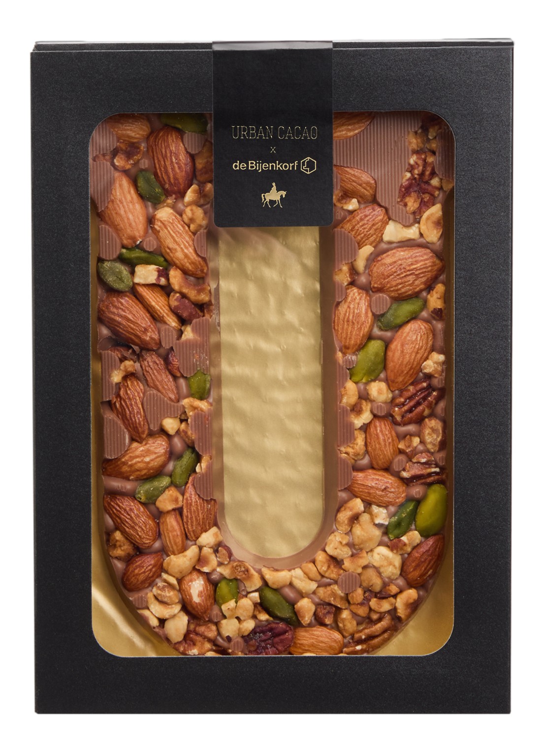 Urban Cacao Melk chocoladeletter met noten 180 gram - voorkant u