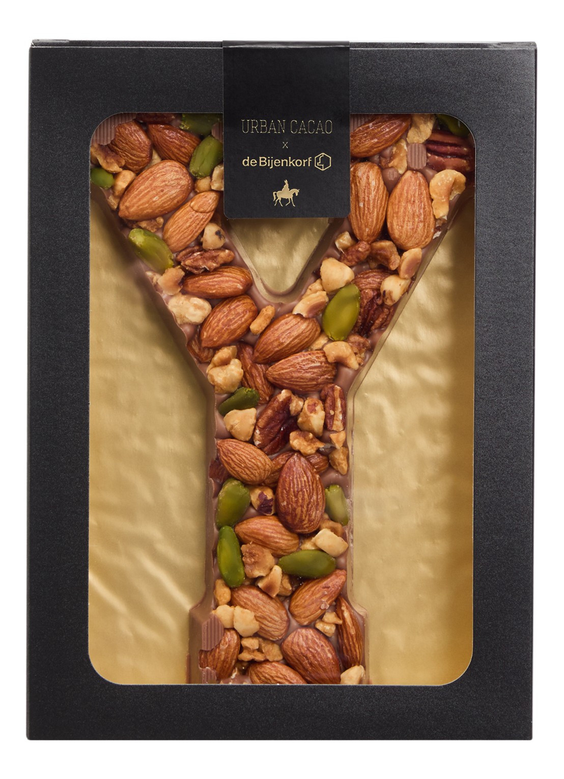Urban Cacao Melk chocoladeletter met noten 180 gram - voorkant y