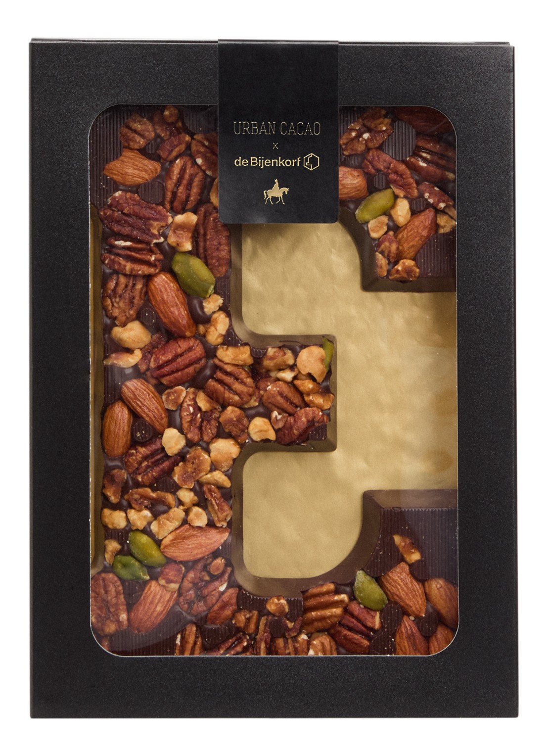 Urban Cacao Pure chocoladeletter met noten 180 gram - voorkant e