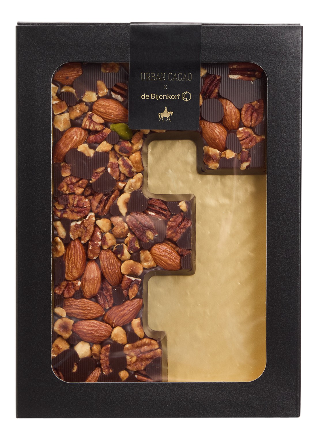 Urban Cacao Pure chocoladeletter met noten 180 gram - voorkant f