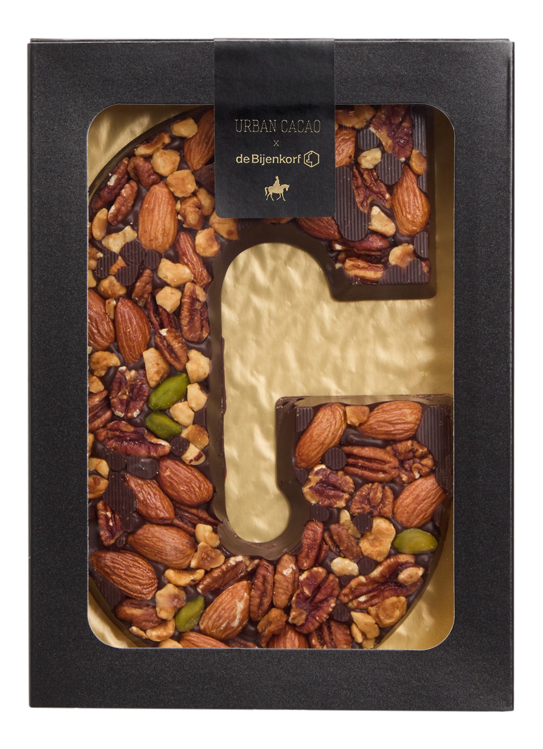 Urban Cacao Pure chocoladeletter met noten 180 gram - voorkant g
