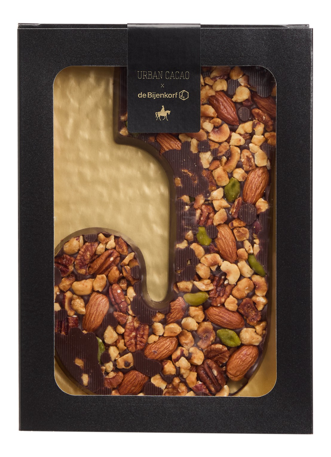 Urban Cacao Pure chocoladeletter met noten 180 gram - voorkant j