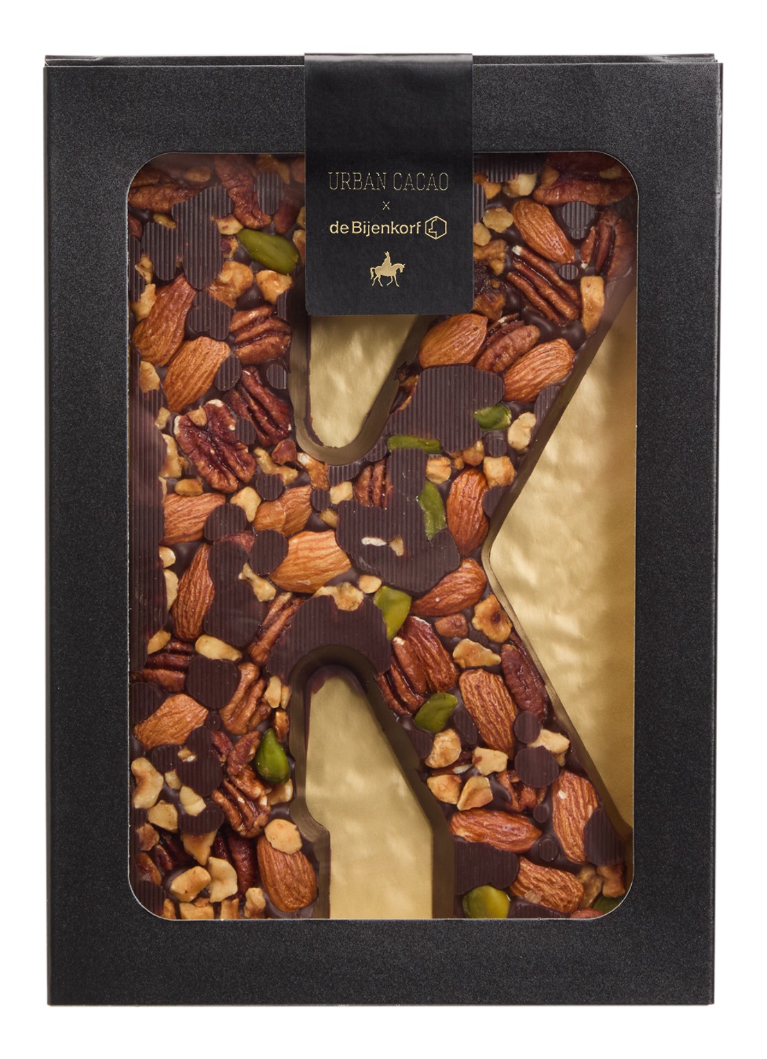Urban Cacao Pure chocoladeletter met noten 180 gram - voorkant k