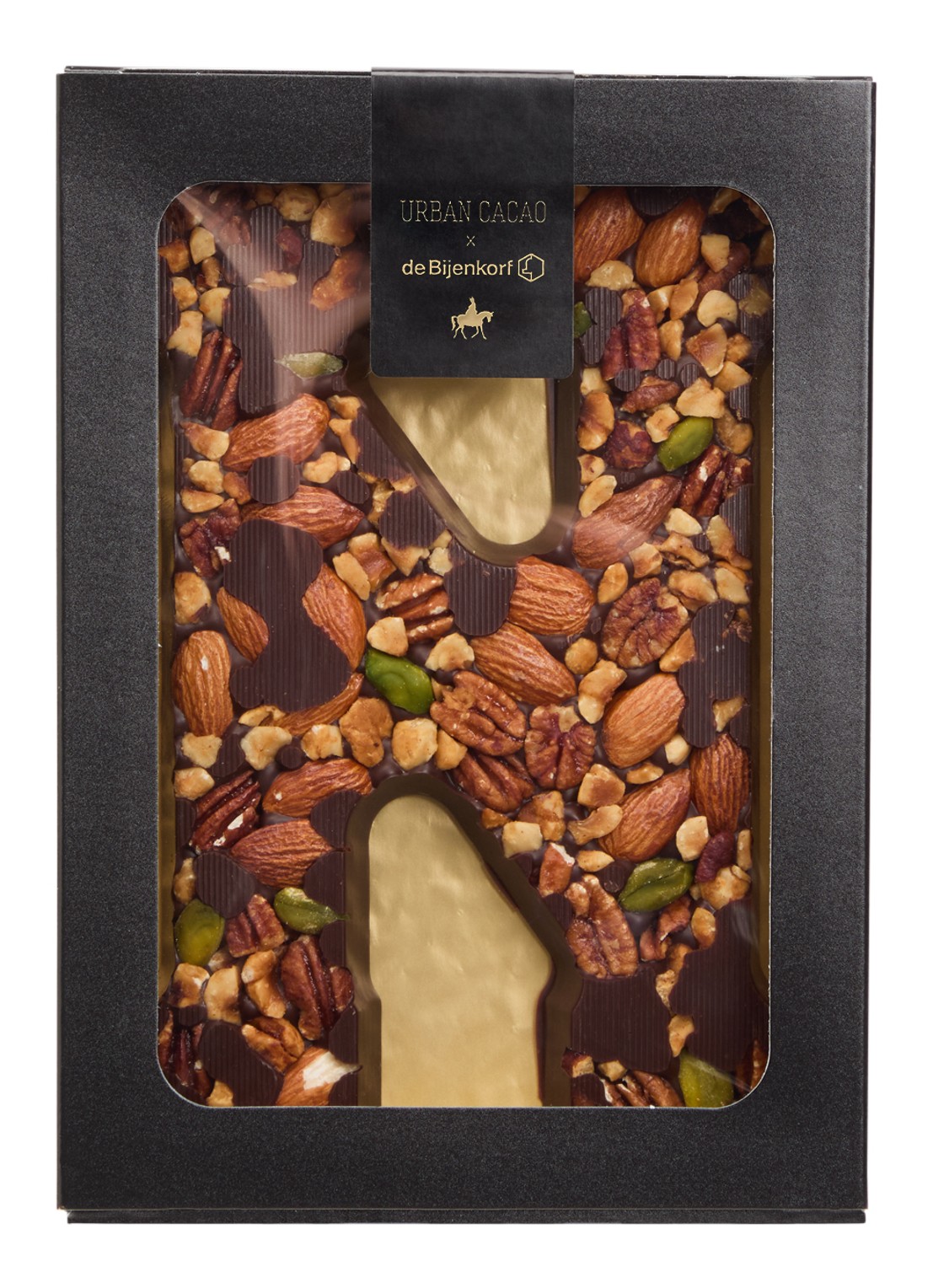 Urban Cacao Pure chocoladeletter met noten 180 gram - voorkant n