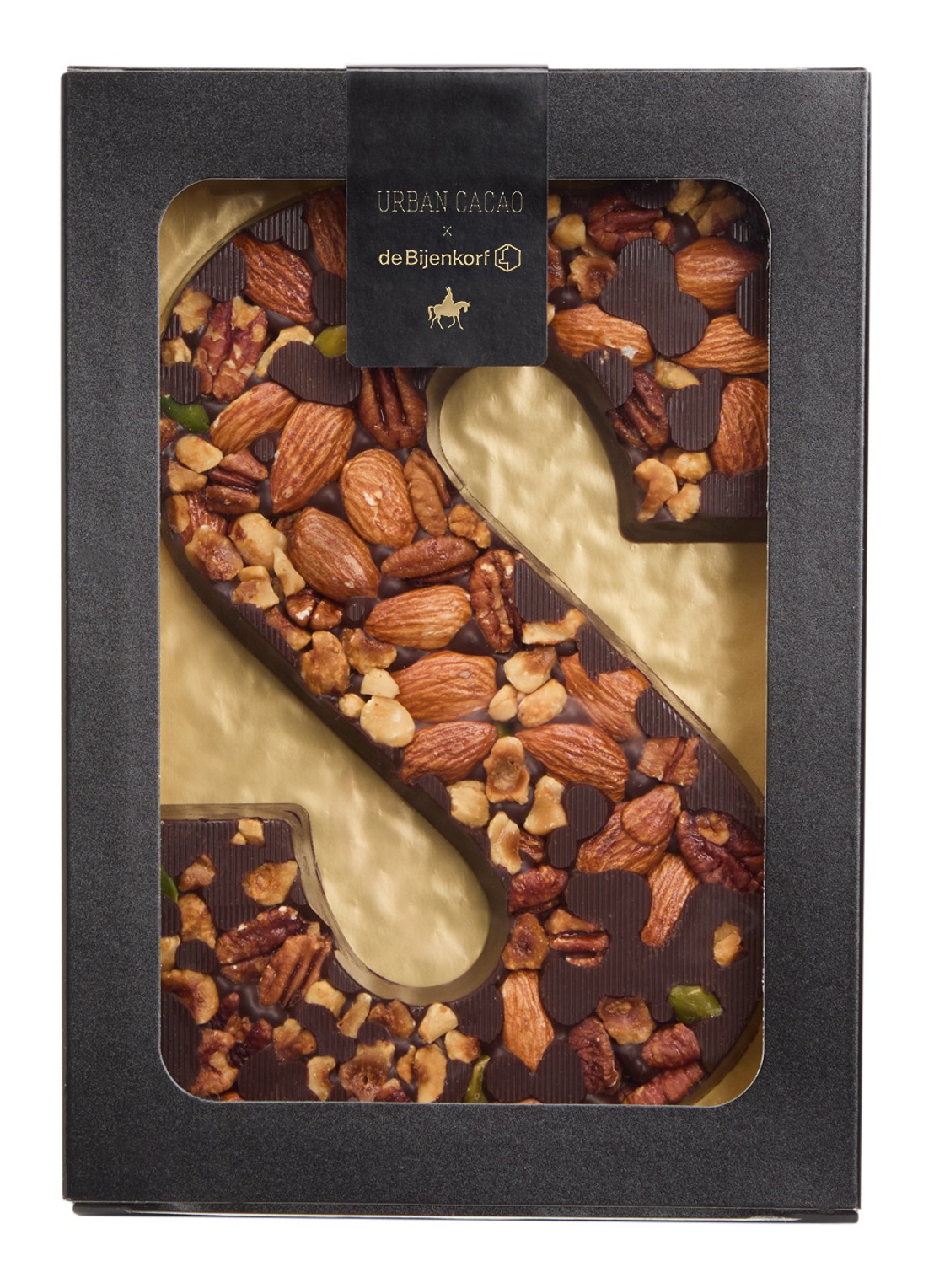 Urban Cacao Pure chocoladeletter met noten 180 gram - voorkant s