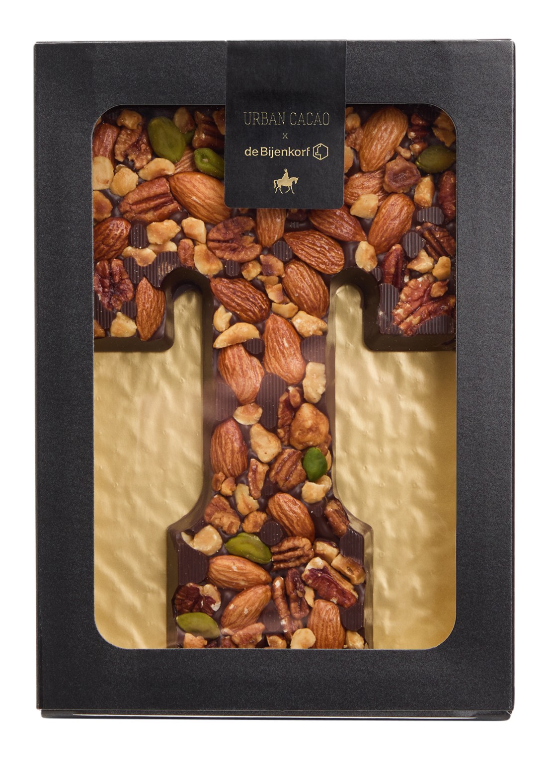 Urban Cacao Pure chocoladeletter met noten 180 gram - voorkant t