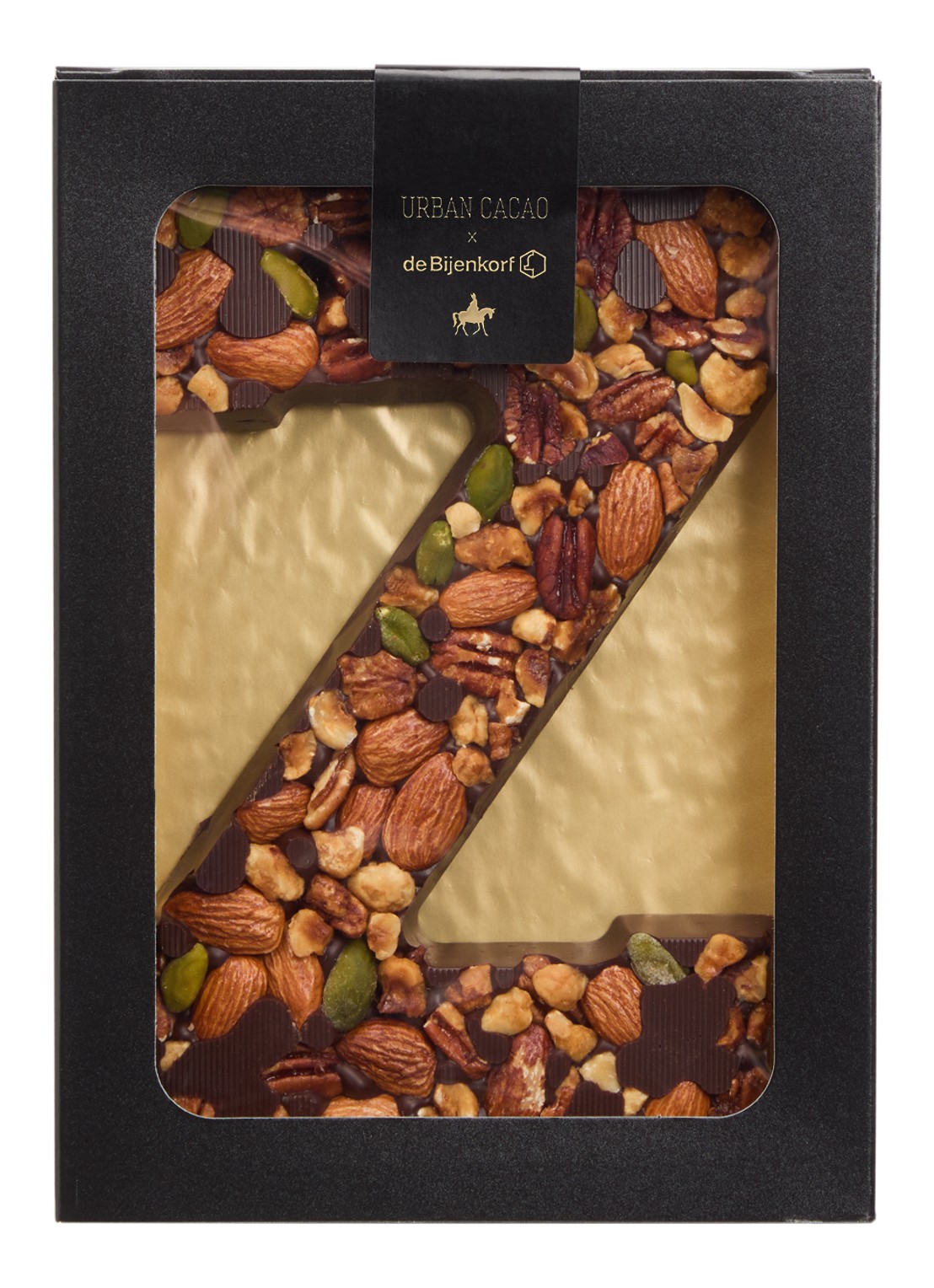 Urban Cacao Pure chocoladeletter met noten 180 gram - voorkant z