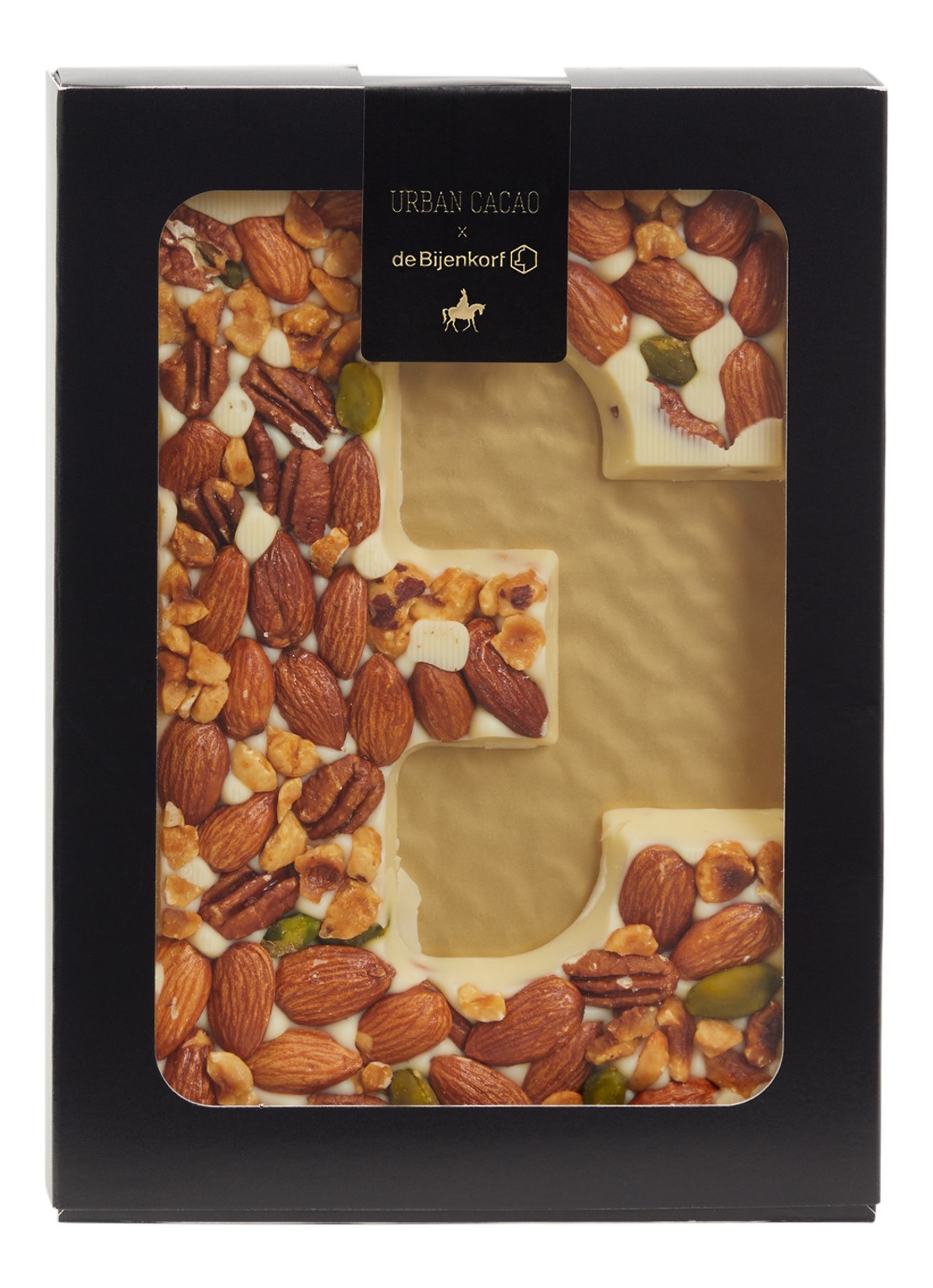 Urban Cacao Witte chocoladeletter met noten 180 gram - voorkant e