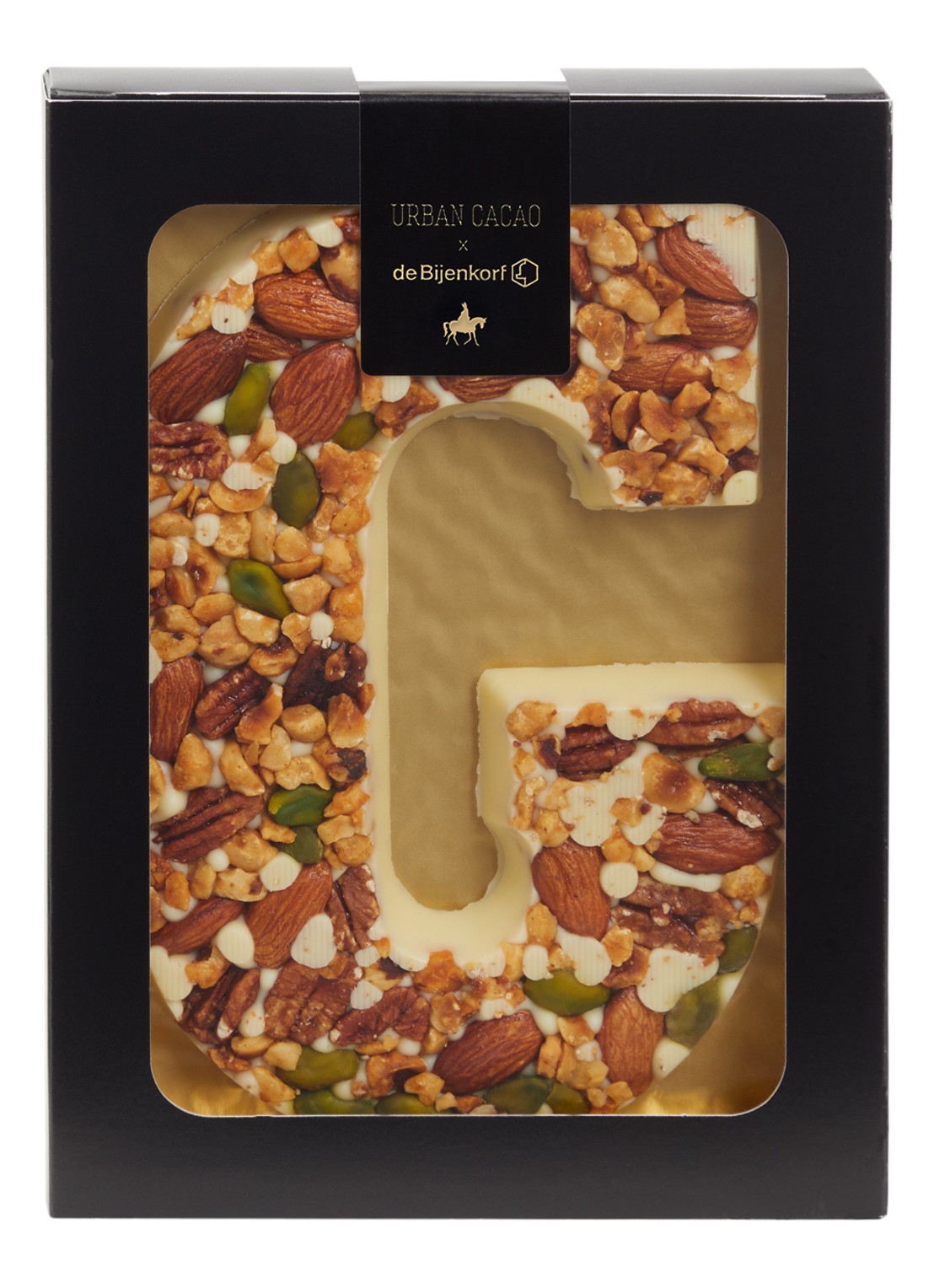 Urban Cacao Witte chocoladeletter met noten 180 gram - voorkant g
